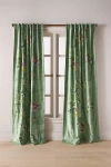 Anthropologie Velvet Embroidered Floral Curtain In Green