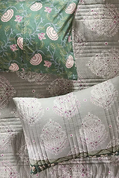 Anthropologie Vivienne Cotton Floral Printed Shams, Set Of 2 In Green