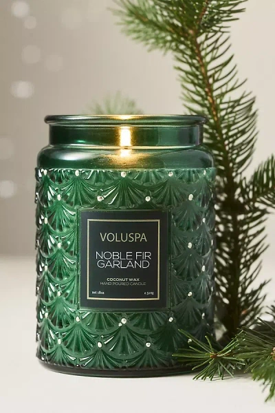 Anthropologie Voluspa Woody Noble Fir Garland Glass Candle In Green