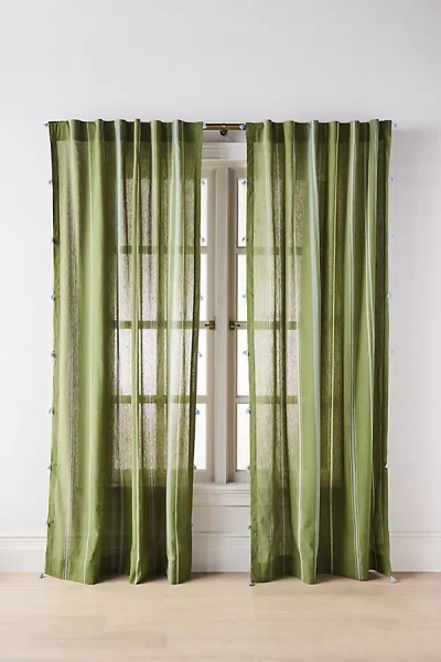Anthropologie Walton Cotton Linen Sheer Stripe Tassel Curtain In Green