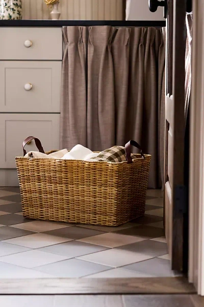 Anthropologie Wicker Scallop Basket With Leather Handles In Brown