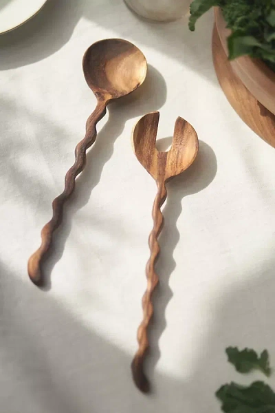 Anthropologie Wiggle Solid Acacia Wood Serve Set