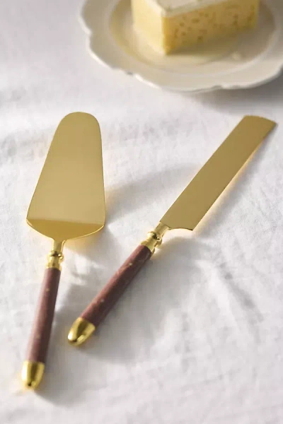 Anthropologie Woodland Metal Cake Serve Set In Gold