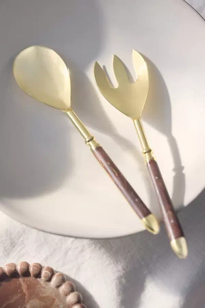 Anthropologie Woodland Metal Two-piece Salad Serve Set In Metallic