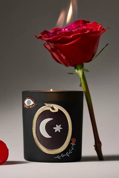 Anthropologie Woody Halloween Moon Leather And Leaves Glass Candle In Multi
