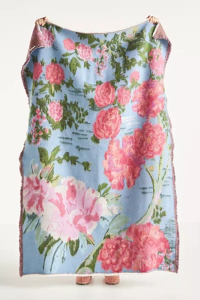 Anthropologie Woven Jacquard Patterned Throw Blanket In Blue
