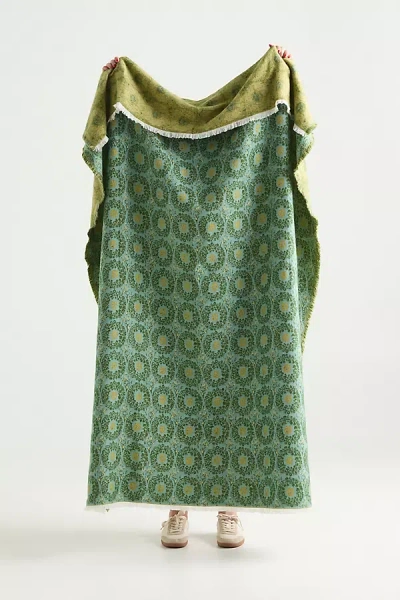 Anthropologie Woven Jacquard Patterned Throw Blanket In Green