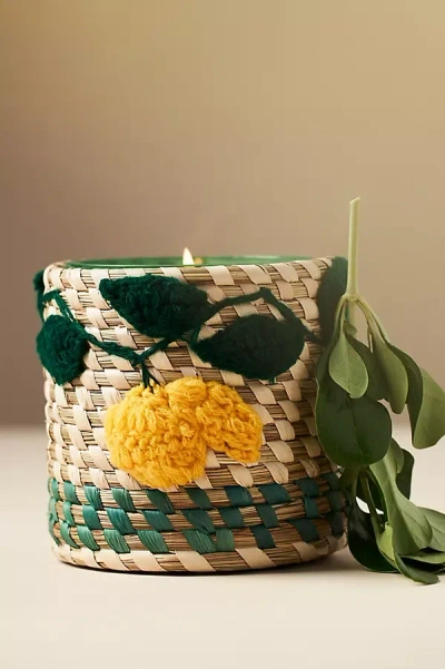 Anthropologie Woven Lemon Icon Floral Yuzu & Neroli Glass Candle In Green