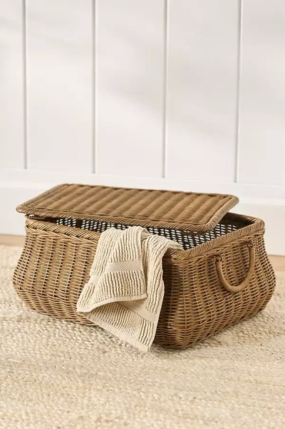 Anthropologie Woven Lidded Wicker Basket With Handles In Brown