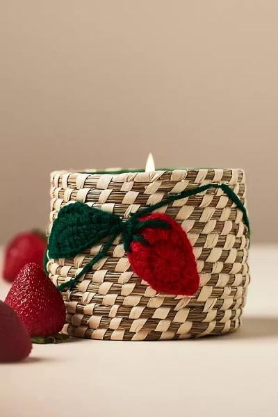 Anthropologie Woven Strawberry Icon Fruity Strawberry & Blonde Wood Glass Candle In Green