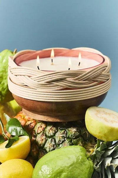 Anthropologie Woven Wood Fruity Hibiscus & Pink Guava Glass Candle In Brown