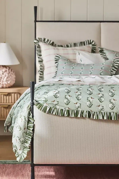 Anthropologie Zelda Cotton Floral Stripe Ruffle Printed Duvet In Green