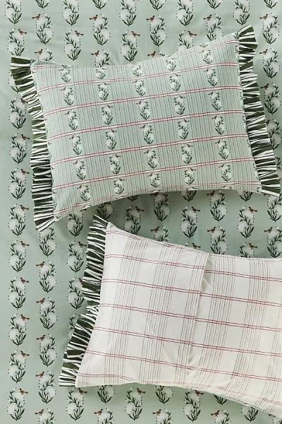 Anthropologie Zelda Cotton Floral Stripe Ruffle Printed Shams, Set Of 2 In Green