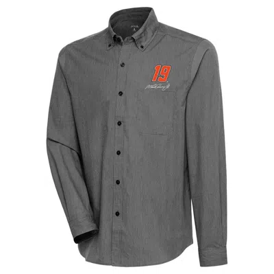 Antigua Black Martin Truex Jr Compression Tri-blend Button-down Shirt In Gray