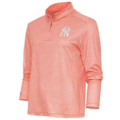 Antigua Coral New York Yankees Tonal Wiki Quarter-zip Pullover Top In Pink