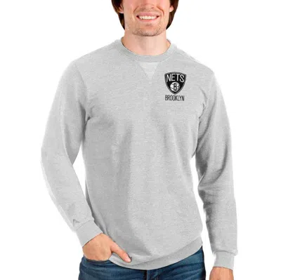 Antigua Heathered Grey Brooklyn Nets Reward Crewneck Pullover Sweatshirt In Heather Grey