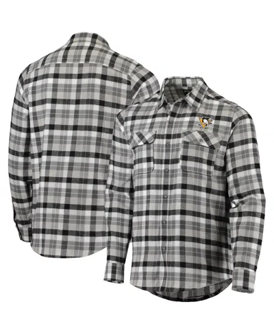 Antigua Men's  Black And Gray Pittsburgh Penguins Ease Plaid Button-up Long Sleeve Shirt In Black,gray