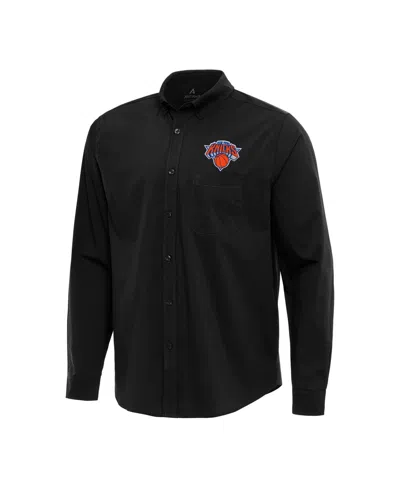 Antigua Men's Black New York Knicks Flight Woven Tri-blend Long Sleeve Button-down Shirt