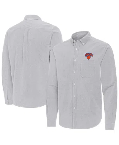 Antigua Men's Gray New York Knicks Porter Woven Long Sleeve Button-down Shirt