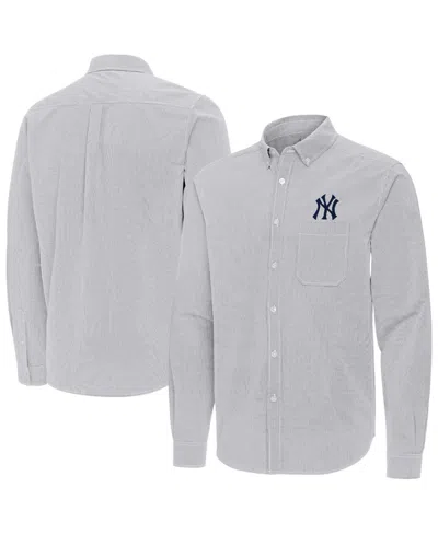 Antigua Men's Gray New York Yankees Porter Woven Long Sleeve Button-down Shirt In Blue
