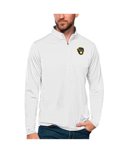Antigua Men's White Milwaukee Brewers Tribute Quarter-zip Pullover Top