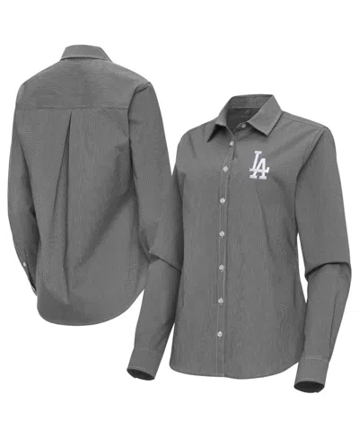Antigua Women's Black Los Angeles Dodgers Porter Woven Long Sleeve Button-up Shirt In Gray