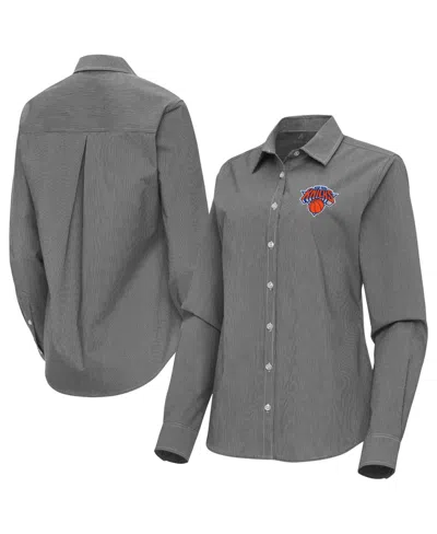Antigua Women's Black New York Knicks Porter Woven Long Sleeve Button-up Shirt In Gray