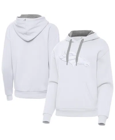 Antigua Women's Denver Broncos Victory Embroidered-graphic Brushed-back Fleece Pullover Hoodie In White