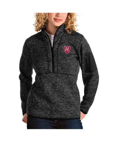 Antigua Women's Heather Black Harvard Crimson Fortune Half-zip Pullover Jacket In Gray