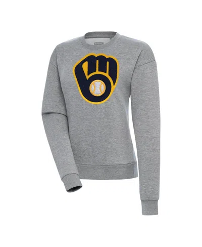 Antigua Women's Heather Gray Milwaukee Brewers Victory Chenille Pullover Sweatshirt