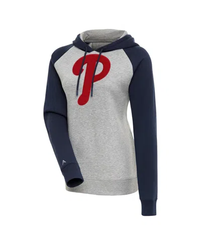 Antigua Women's Heather Gray/navy Philadelphia Phillies Victory Raglan Sleeve Pullover Hoodie In Heather Gray,navy