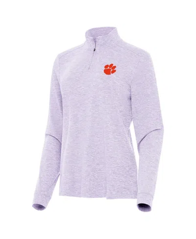 Antigua Women's Heather Purple Clemson Tigers Mentor Long Sleeve Quarter-zip Mock Polo Shirt In White