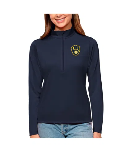 Antigua Women's Navy Milwaukee Brewers Tribute Quarter-zip Pullover Top In Black