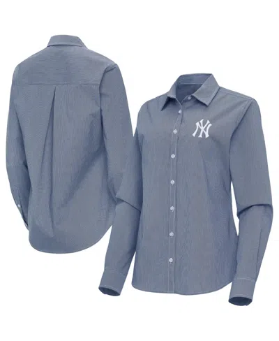 Antigua Women's Navy New York Yankees Porter Woven Long Sleeve Button-up Shirt In Gray