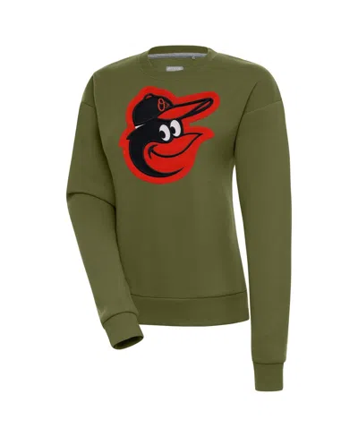 Antigua Women's Olive Baltimore Orioles Victory Pullover Sweatshirt In Green