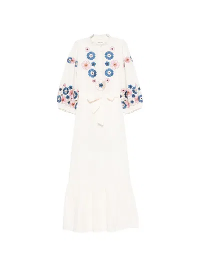 Antik Batik Amantina Floral-embroidered Ruffled Dress In White