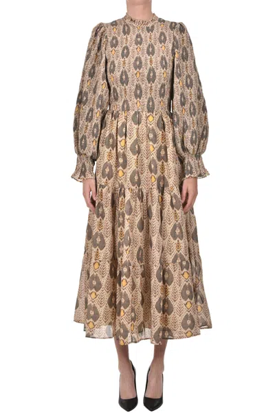Antik Batik Long-sleeve Animal Maxi Dress In Multi Colour In Dove-grey