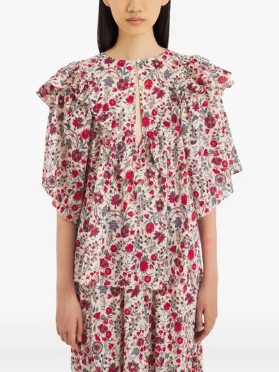 Antik Batik Annie Floral-print Ruffled Blouse In Red