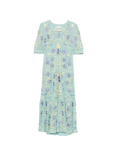 Antik Batik Carioca Floral Embroidered Maxi Dress In Blue