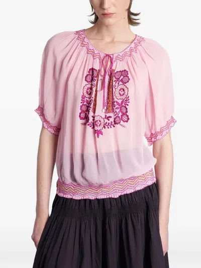 Antik Batik Delia Embroidered Smocked Blouse In Pink