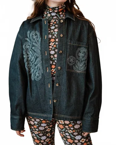 Antik Batik Eglantine Embroidered Jacket In Indigo Denim In Green