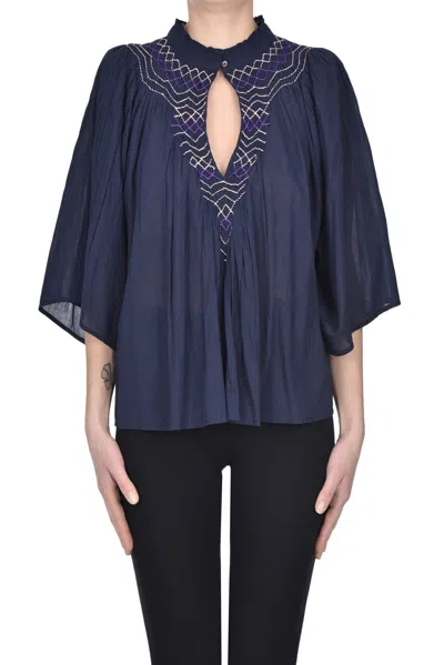 Antik Batik Embroidered Cotton Blouse In Blue