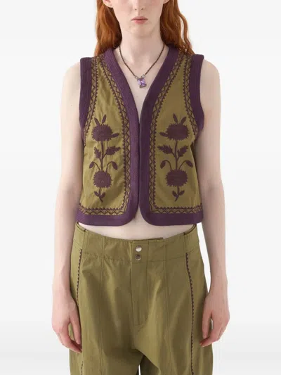 Antik Batik Floral-embroidered Vest In Green