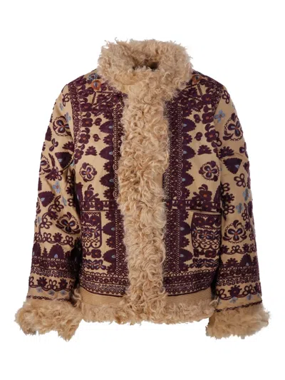 Antik Batik Floral Fur Trim Jacket In Brown