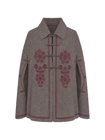 Antik Batik Floral-embroidered Cape In Brown