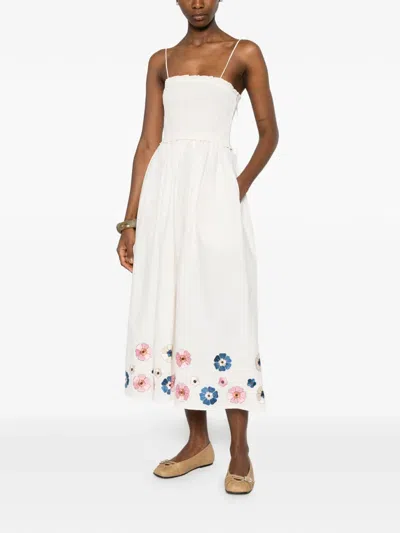 Antik Batik Floral-embroidered Midi Dress In Neutral