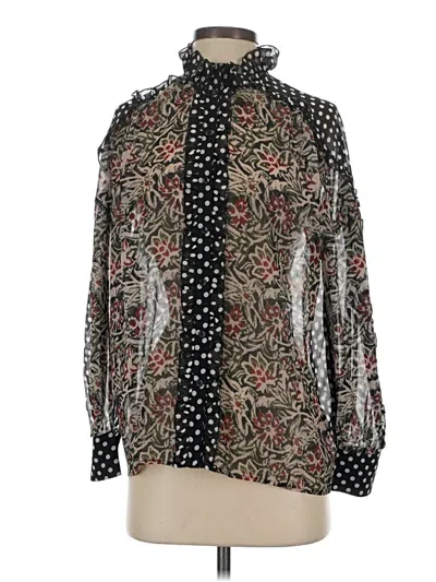 Pre-owned Antik Batik Long Sleeve Silk Top Black Print Pattern Mock Neckline Tops