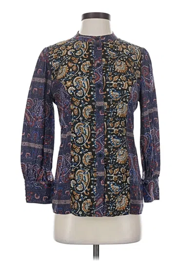 Pre-owned Antik Batik Long Sleeve Silk Top Blue Paisley Pattern Mock Neckline Tops