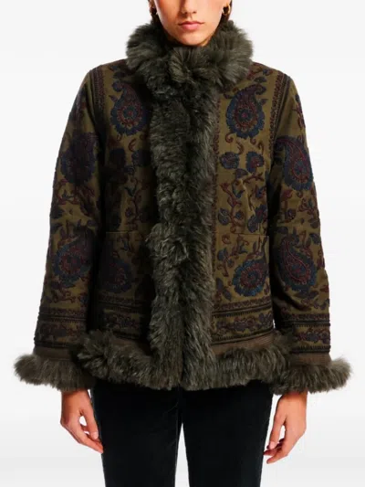 Antik Batik Paisley-embroidered Faux-fur-trim Jacket In Green