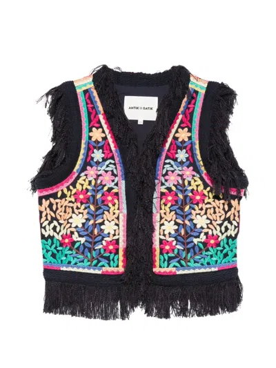 Antik Batik Rainbow Floral-embroidered Fringe Vest In Black